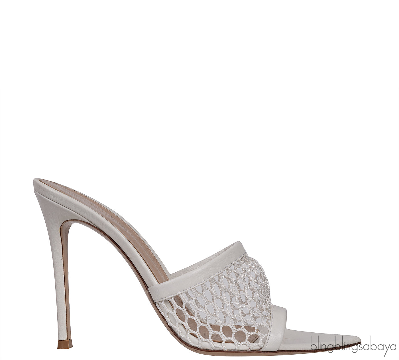 White Leather Trimmed Fishnet Mules