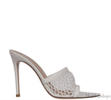 White Leather Trimmed Fishnet Mules