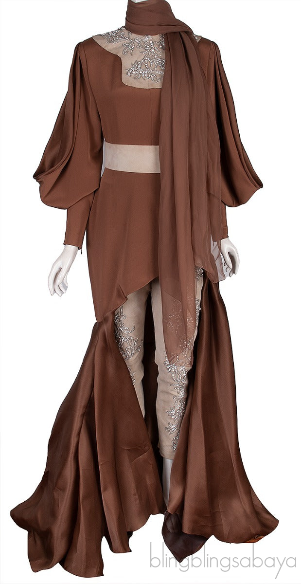 Brown Crystal Embellished Dress w/ Trouser