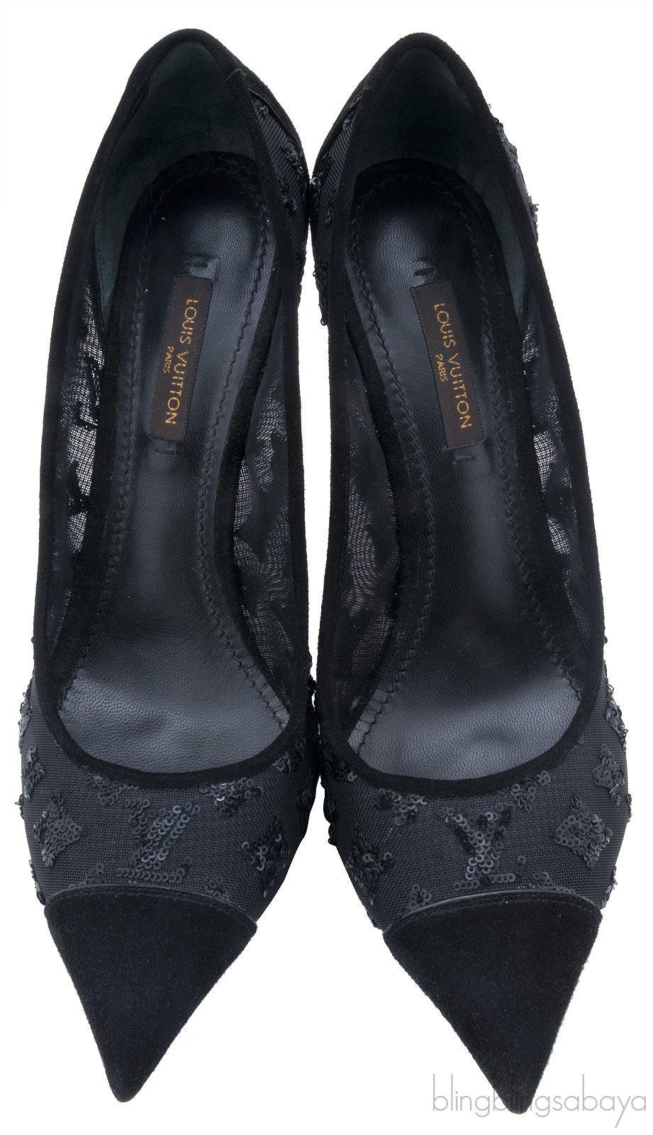 Black Mesh Monogram Sequin Heels