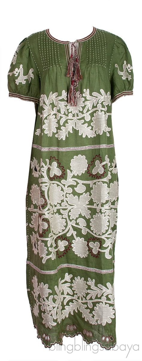 Petra Tasseled Embroidered Linen Midi Dress