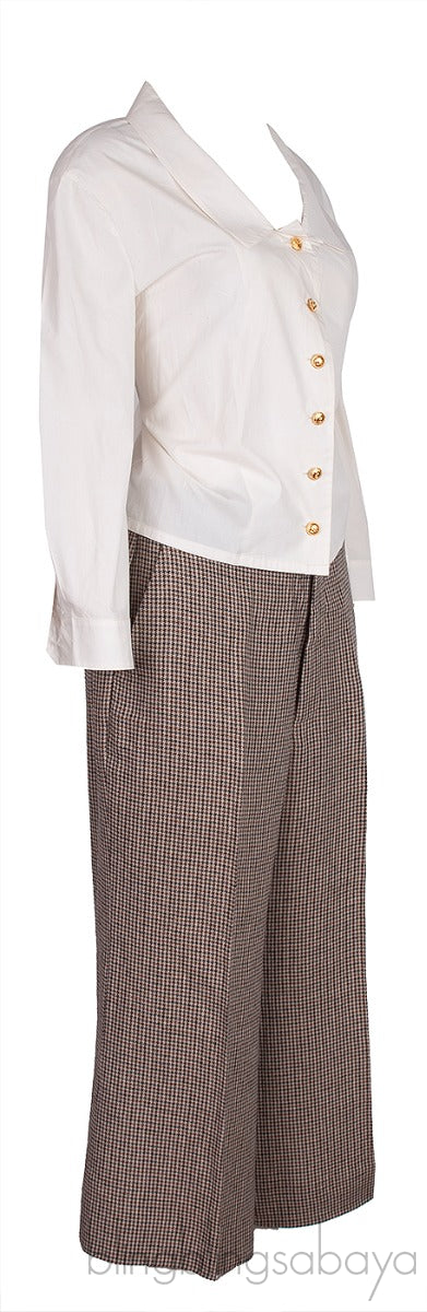 Off-white Top Shirt & Brown Houndstooth Wide Leg Pants