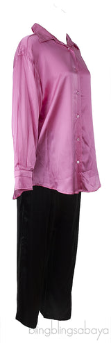 Fuchsia Silk Satin Shirt & Black Satin Trouser