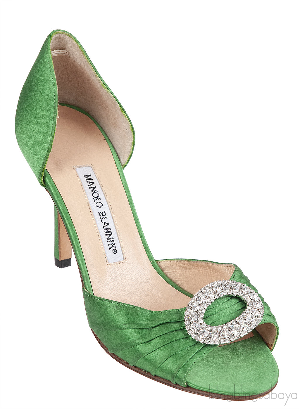 Manolo Blahnik Sedaraby Green Satin Crystal Pump