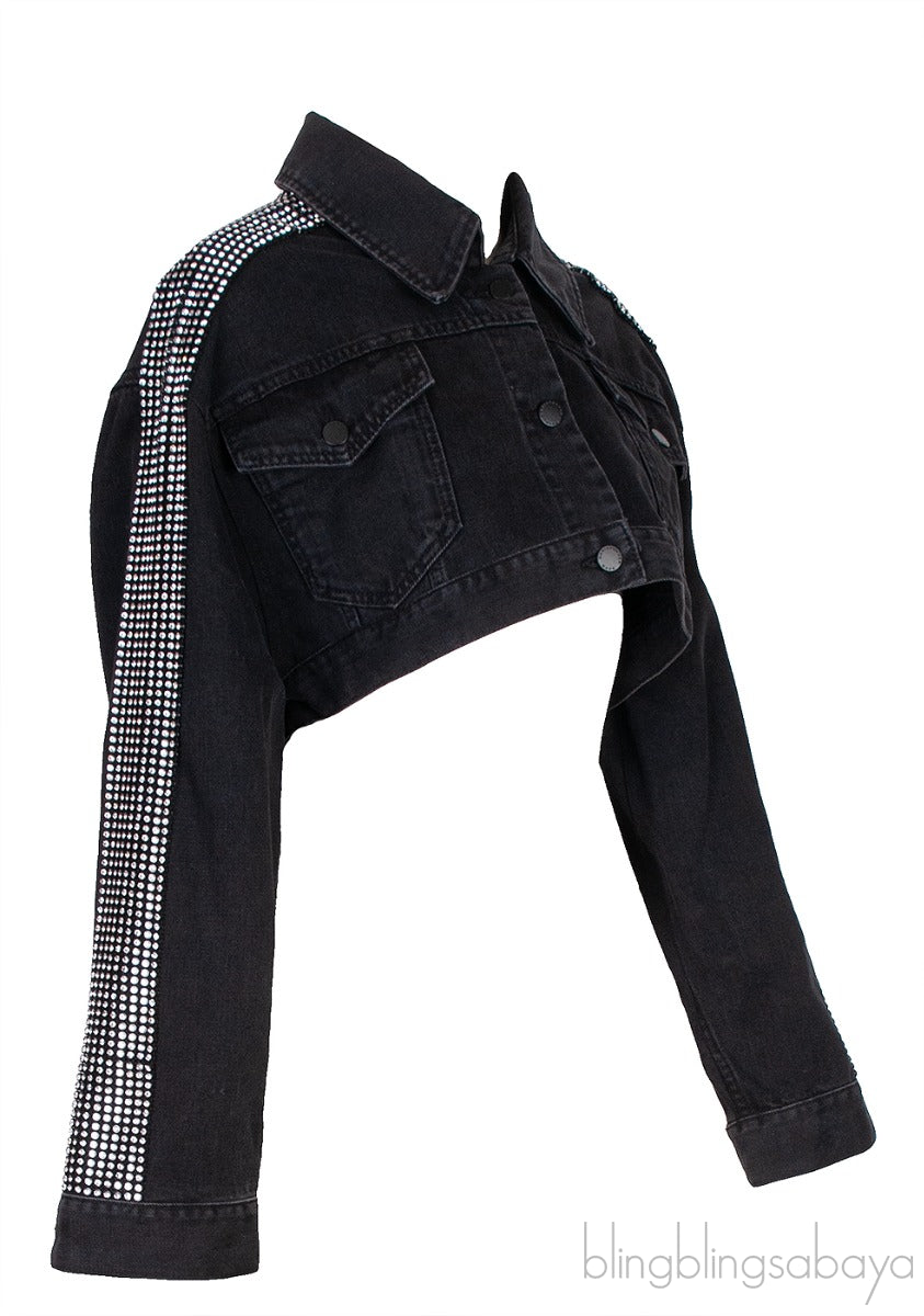 Black Denim Crystal Shoulder Crop Jacket