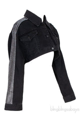 Black Denim Crystal Shoulder Crop Jacket
