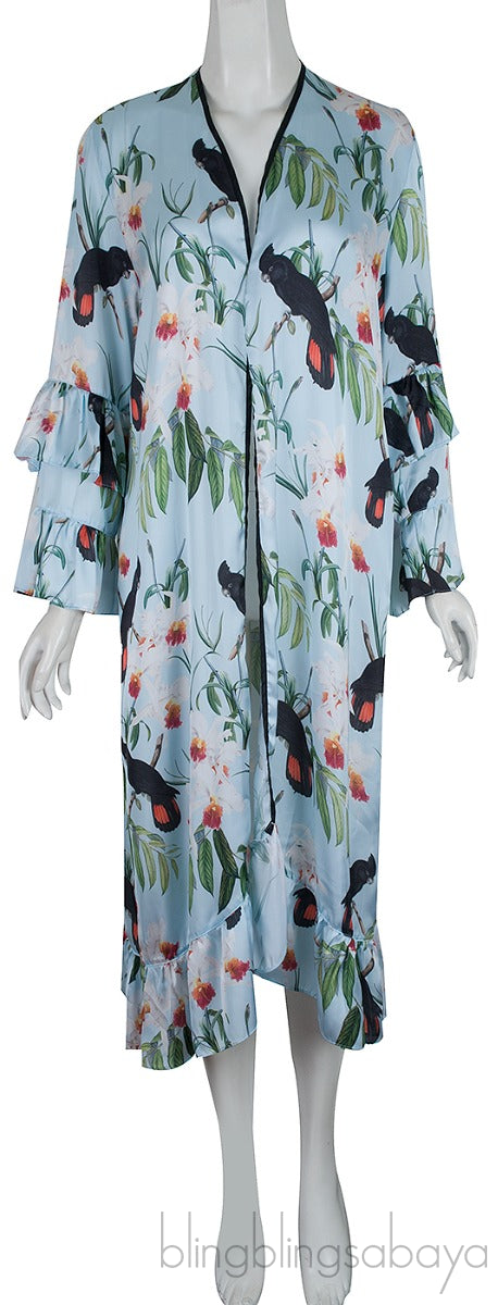 Bird Print Ruffled Kimono