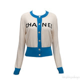 White and Blue Logo Knit Cashmere Cardigan