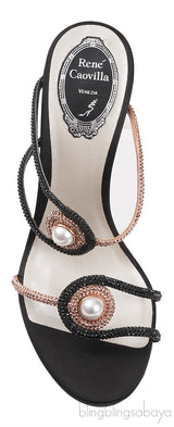 Rene Caovilla Pearl & Rose Gold Crystal Black Satin Sandals
