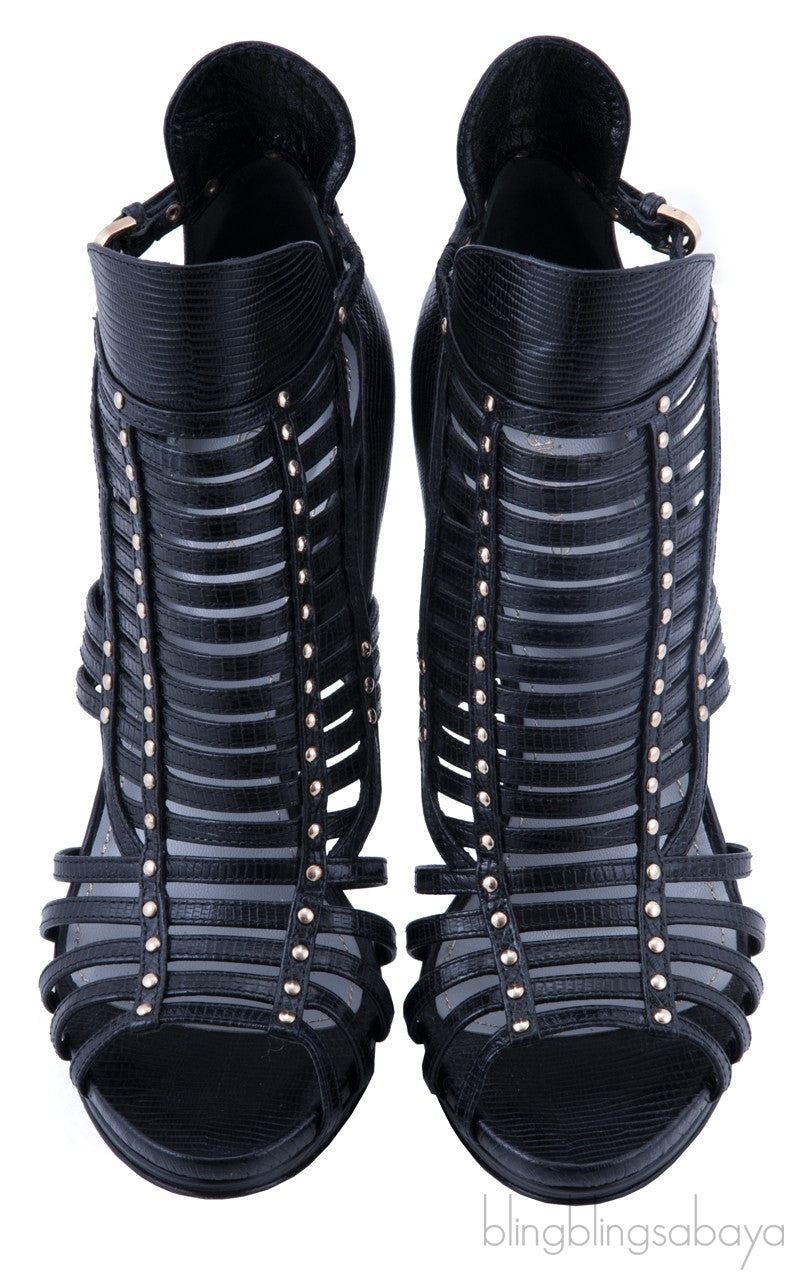 Studded Lizard-effect Leather Sandals