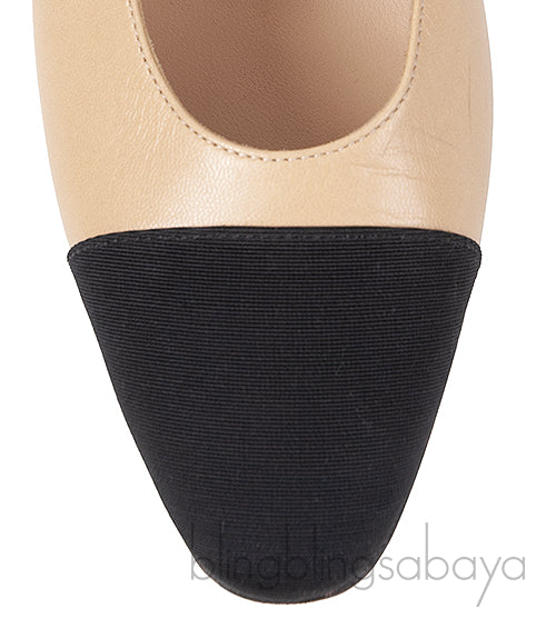 Beige Leather Cap Toe Slingback Shoes