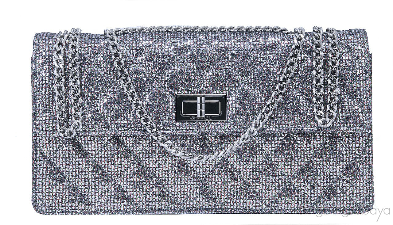 2.55 Silver Quilted Glitter Flap Bag