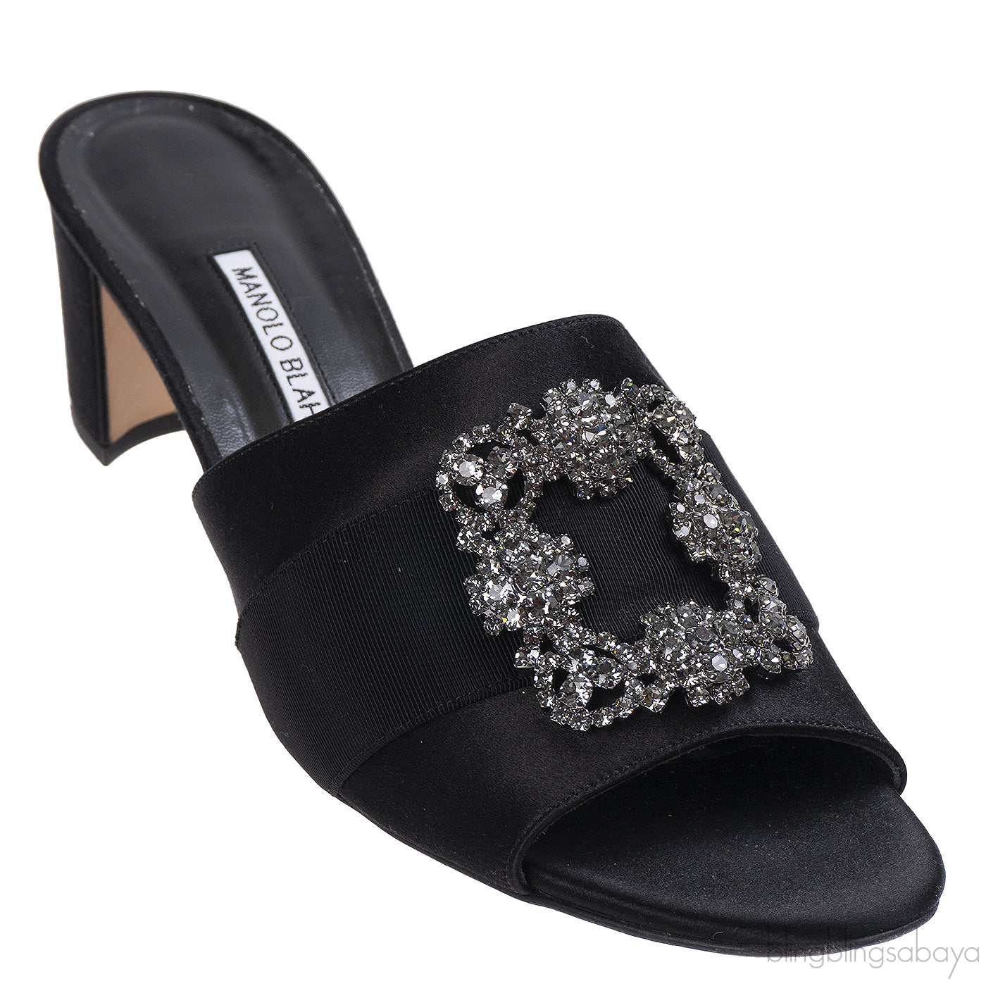 Manolo Blahnik Martamod Black Satin Mules
