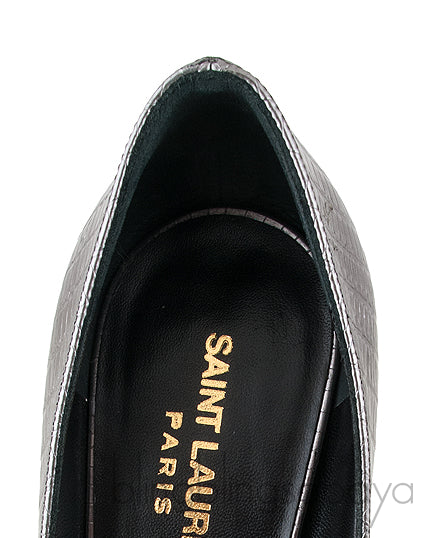Yves Saint Laurent Gun Metal Lizard Print Pointed Pump