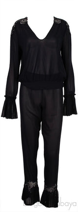La Perla Black Pleated Trim Silk Pajama Set