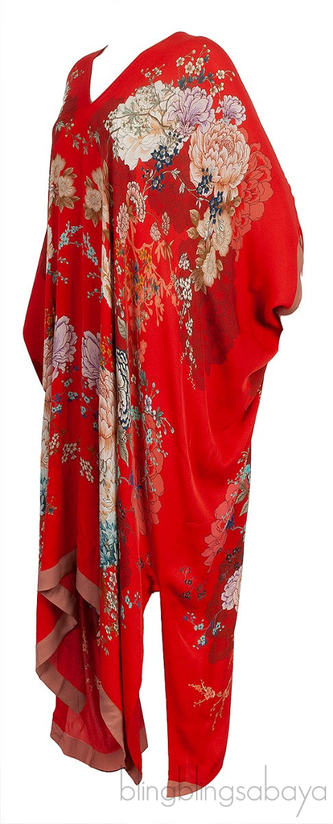 Red Floral Print Silk Kaftan Dress