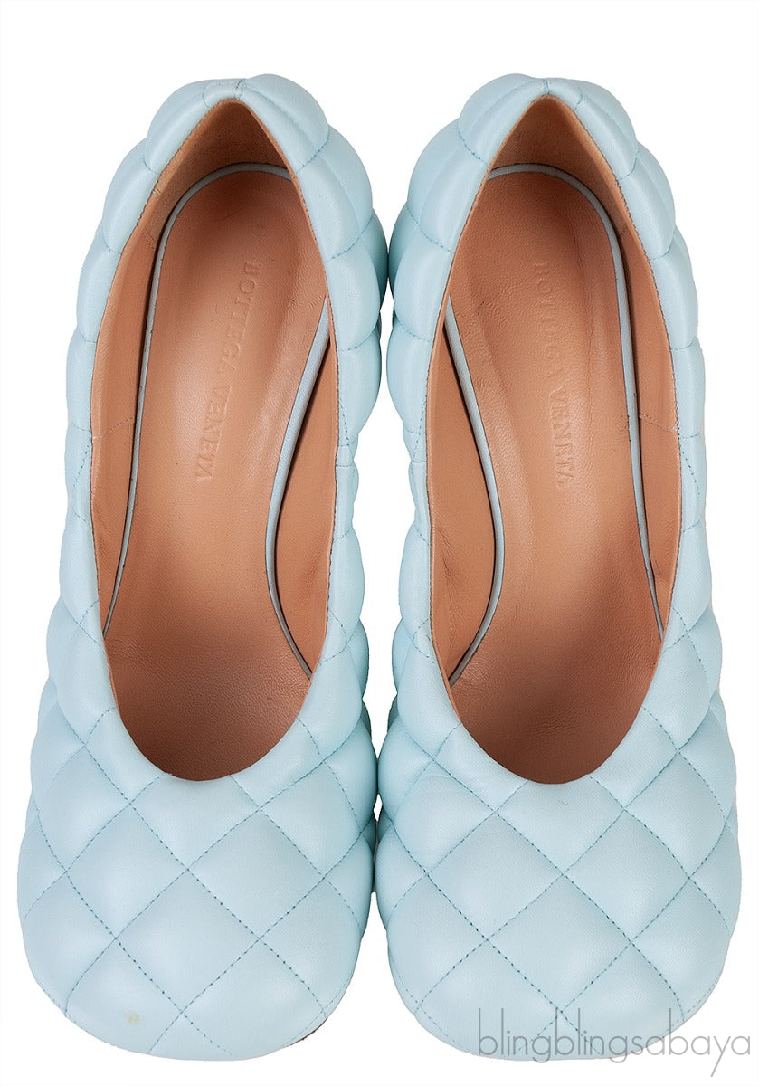 Bottega Veneta Light Blue Padded Block Square Toe Quilted Heels 37.5