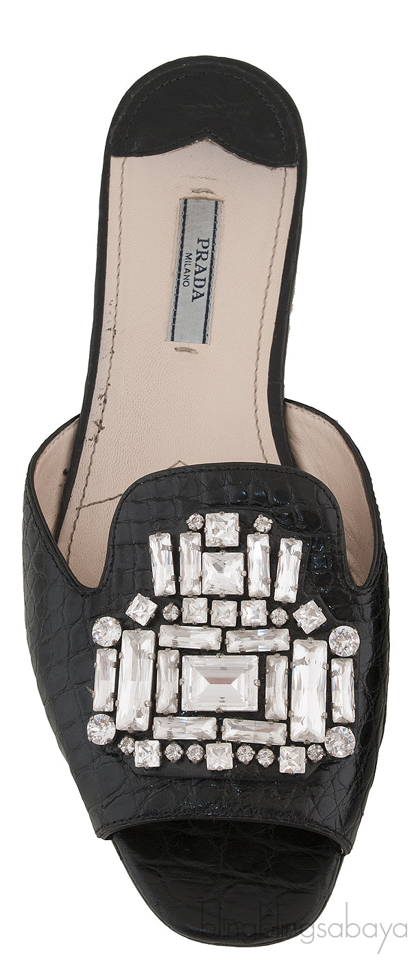 Black Crocodile Print Open Toe Slide