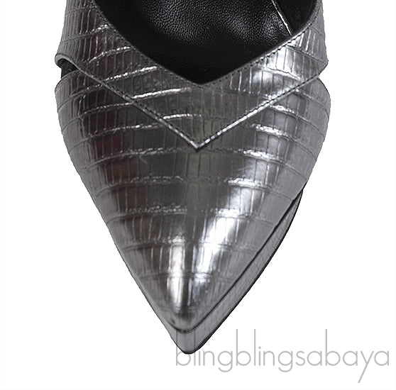Yves Saint Laurent Gun Metal Lizard Print Pointed Pump