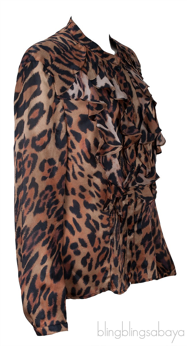 Leopard Print Ruffled Trim Shirt