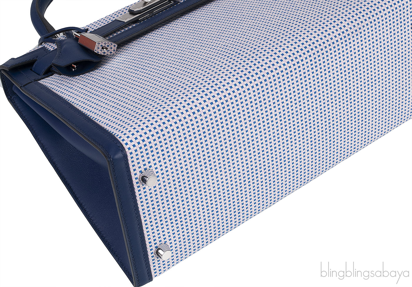 Kelly 28 Sellier Toile Quadrille Veau Swift Ecru-Mauve-Blue