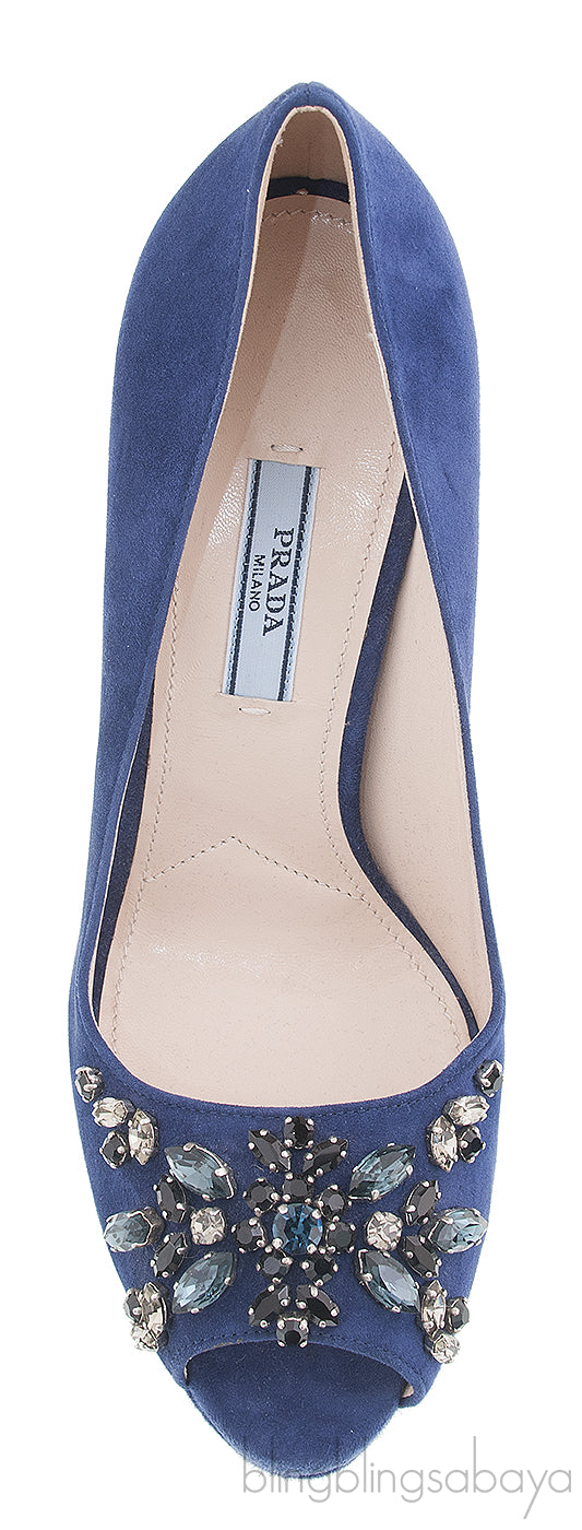 Prada Blue Crystal Peep Toe Pump 38
