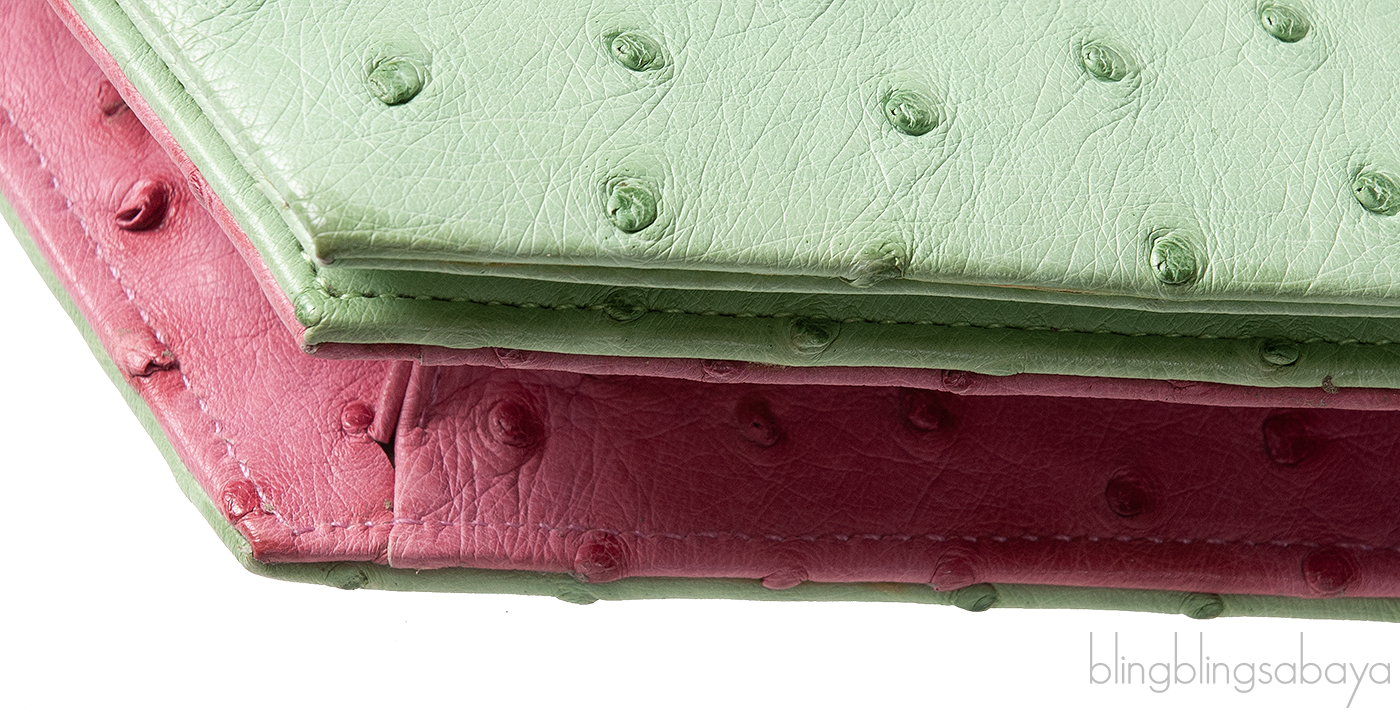 Laykh Apple Green & Pink Ostrich Trapezoid Clutch