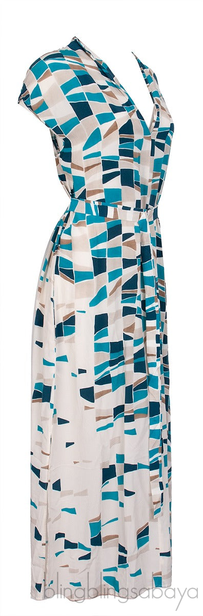 Blue Multicolor Print Belted Dress