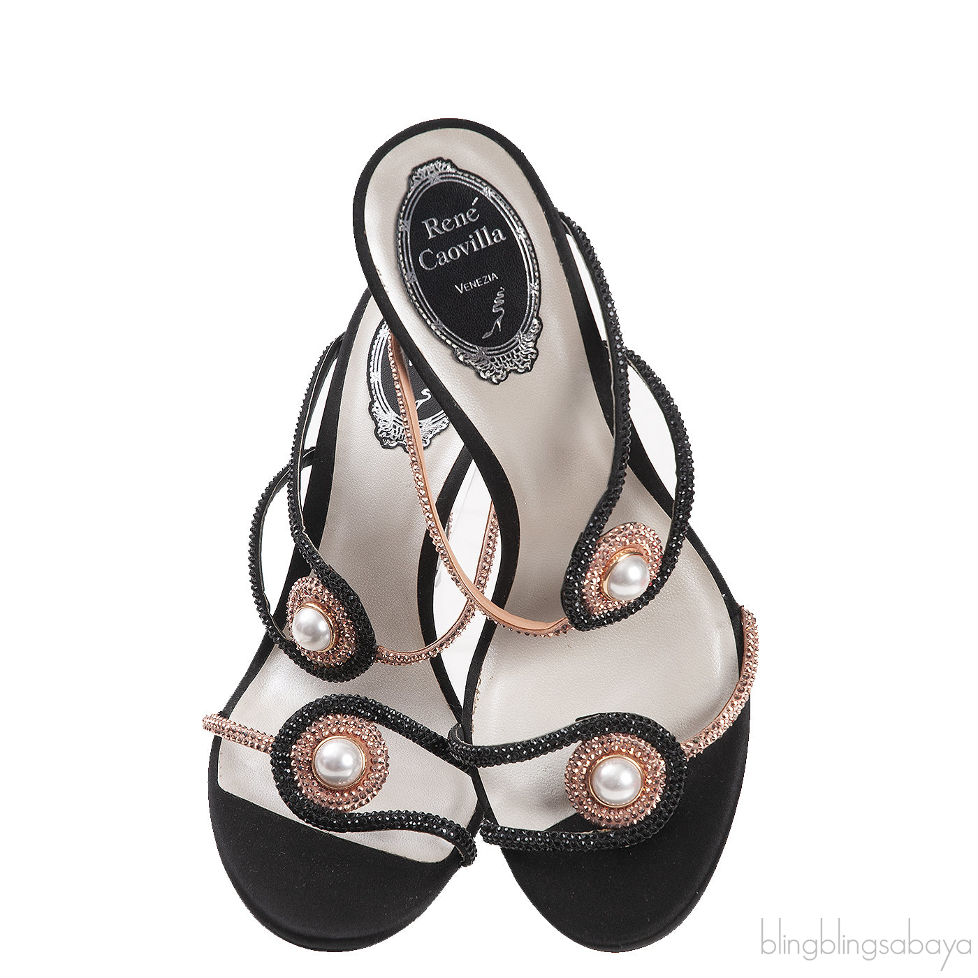 Rene Caovilla Pearl & Rose Gold Crystal Black Satin Sandals