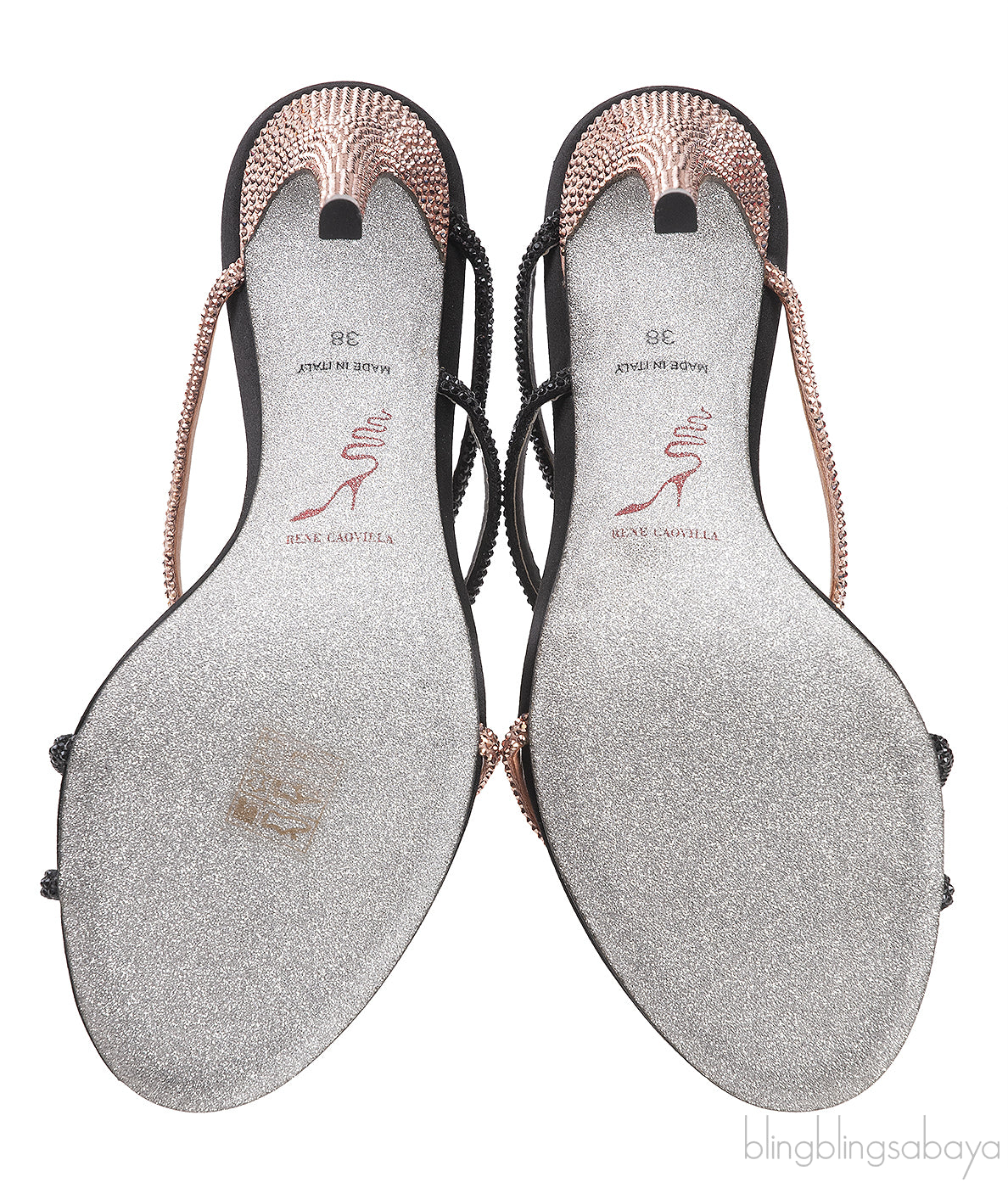 Rene Caovilla Pearl & Rose Gold Crystal Black Satin Sandals