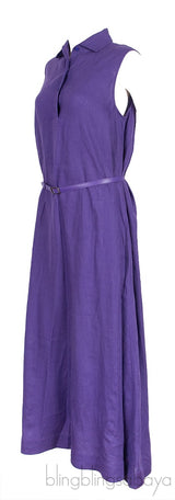 Belted Linen Shirt Dress Purple