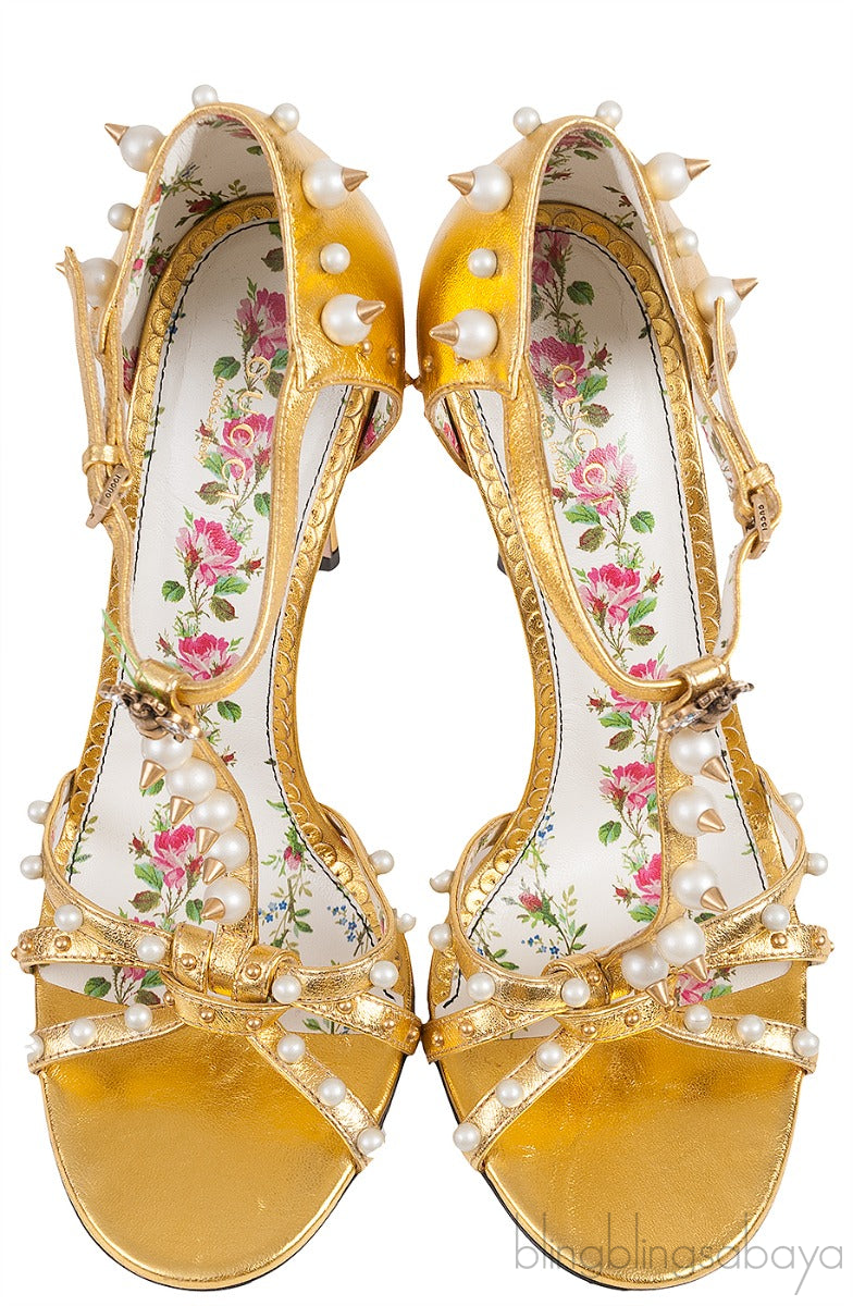 Gold Leather Pearl Trim Sandals
