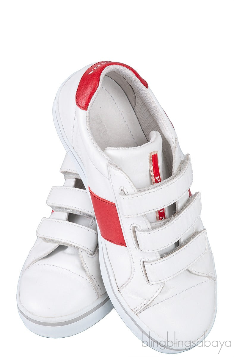 White & Red Velcro Strap Kids Sneaker 32