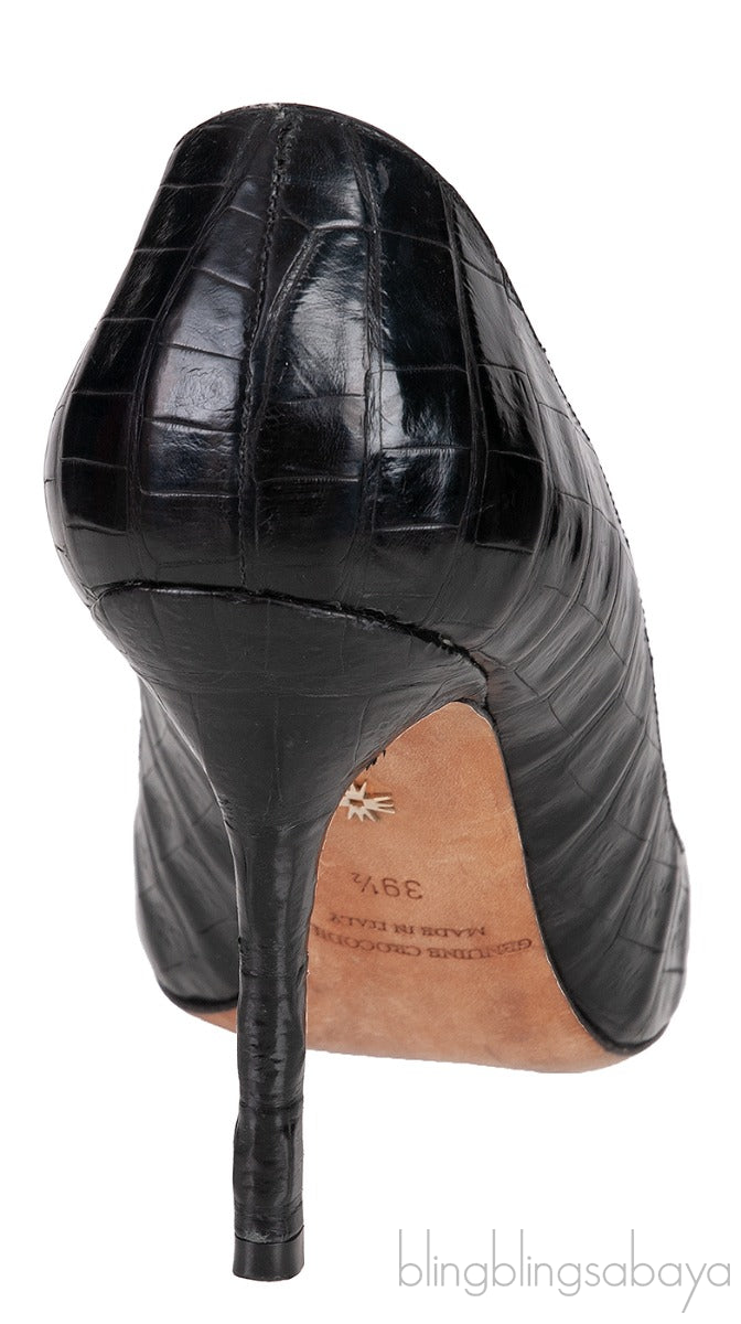 Black Croc Embossed Pointed Toe Heels
