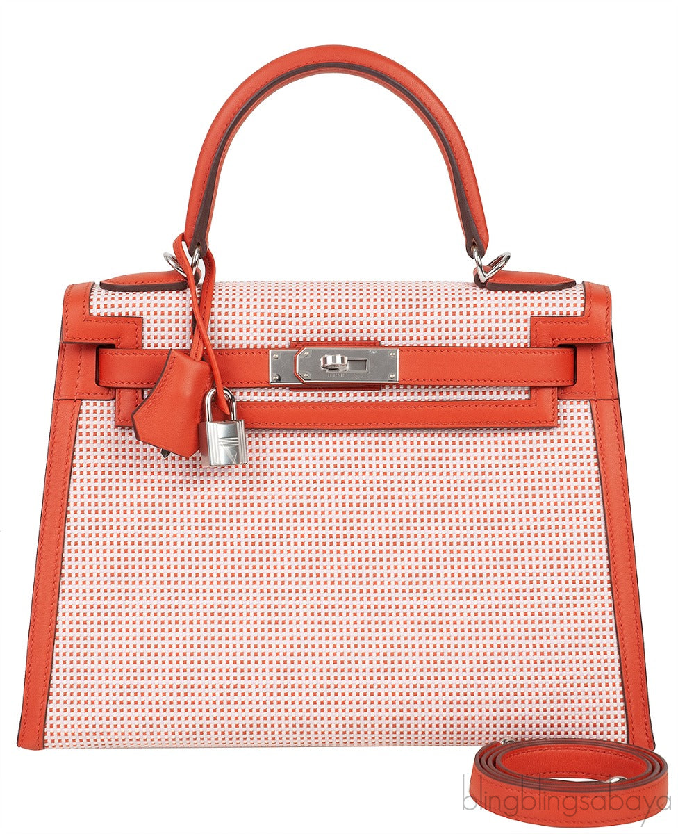 Kelly 28 Sellier Toile Quadrille Veau Swift Terre Battue-Mauve Sylvester-Blanc