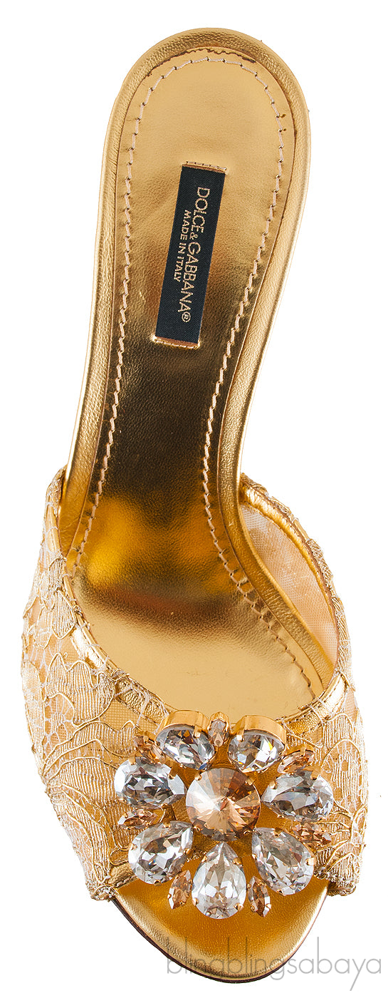 Gold Lace Crystal Vamp Slip-on Sandals