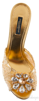Gold Lace Crystal Vamp Slip-on Sandals