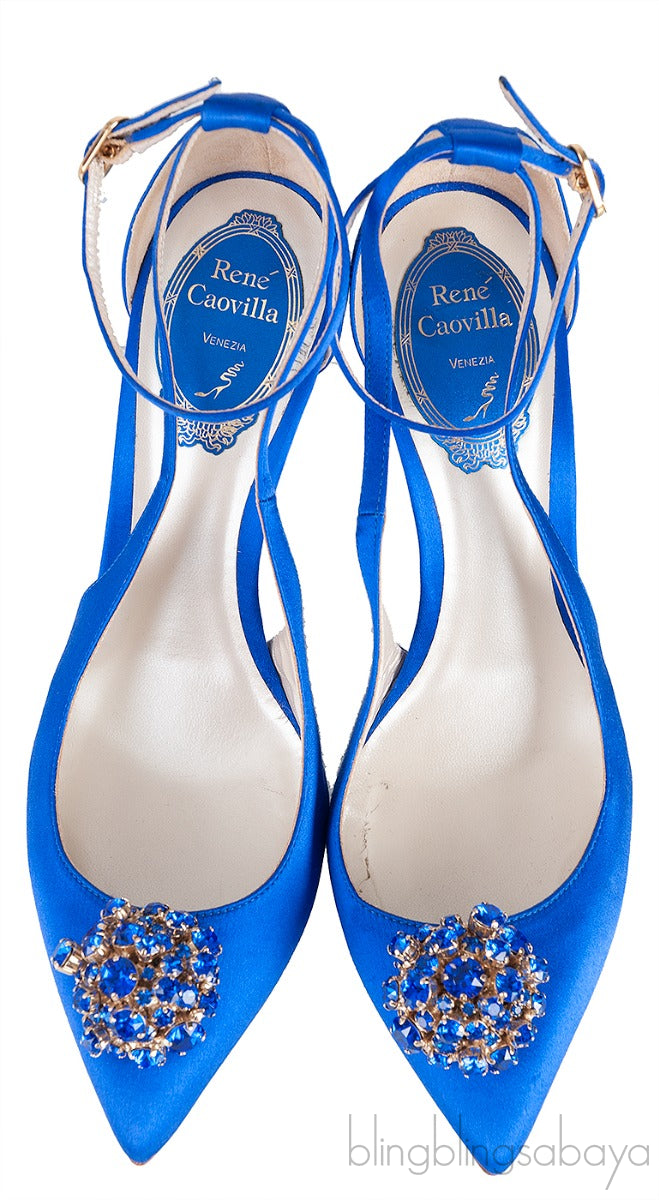 Blue Satin Crystal Embellished Slingback