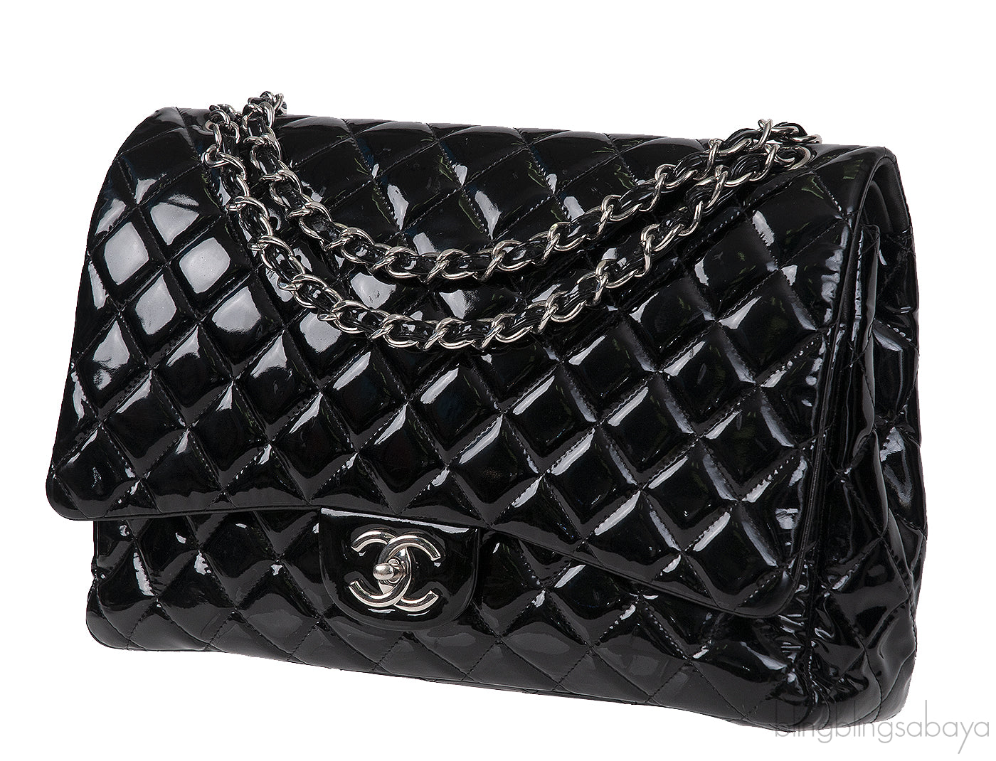 Chanel Black Patent Maxi Double Flap Quilted Bag