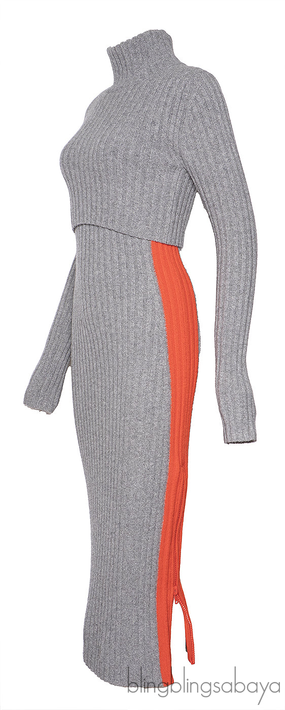 Sportmax Grey Ribbed Wool-Blend Midi Dress with Orange Panels