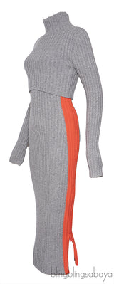 Sportmax Grey Ribbed Wool-Blend Midi Dress with Orange Panels