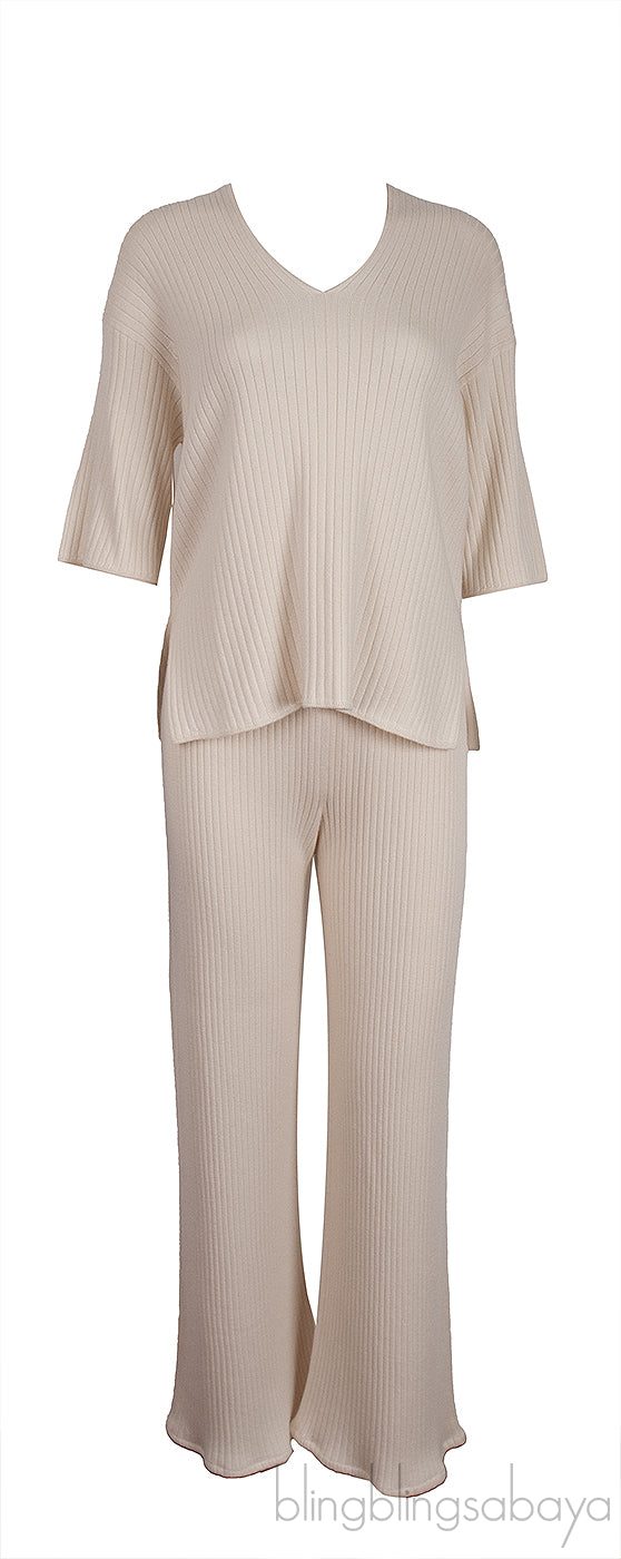 Off-white Cashmere Silk Blend Cardigan, Top & Wide Leg Set