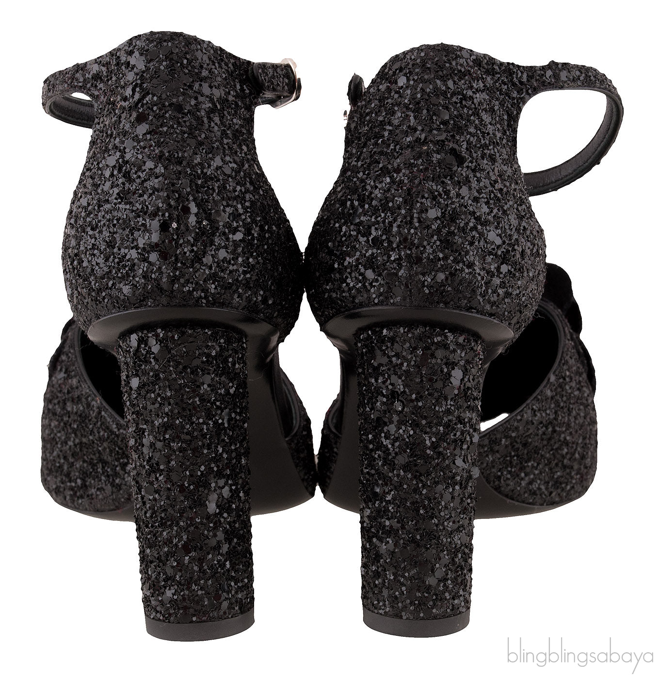 Black Glitter Camellia Heels