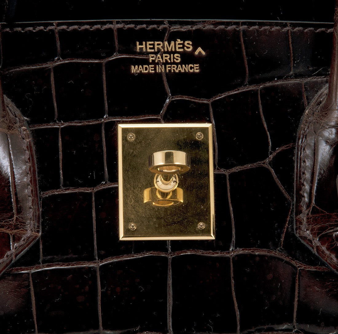Birkin 35 Brown Patent Porosus GHW