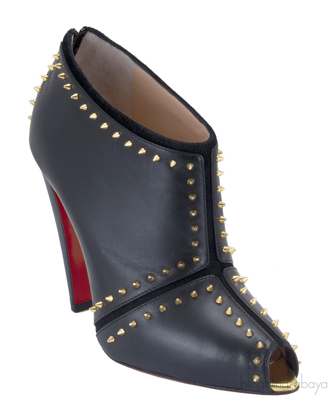 Black Studded Leather Peep Toe Boots