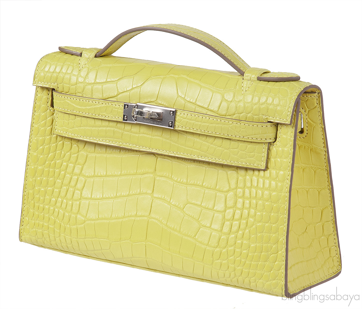 HERMES Kelly Pochette Matte Lime Alligator PHW