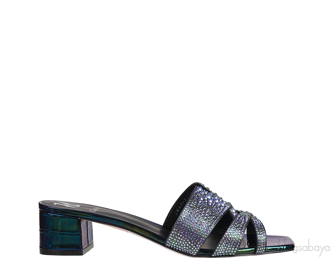 Petrol Patent Croc Embossed Crystal Heeled Sandals