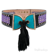 Turquoise Embellished Crochet & Suede Belt