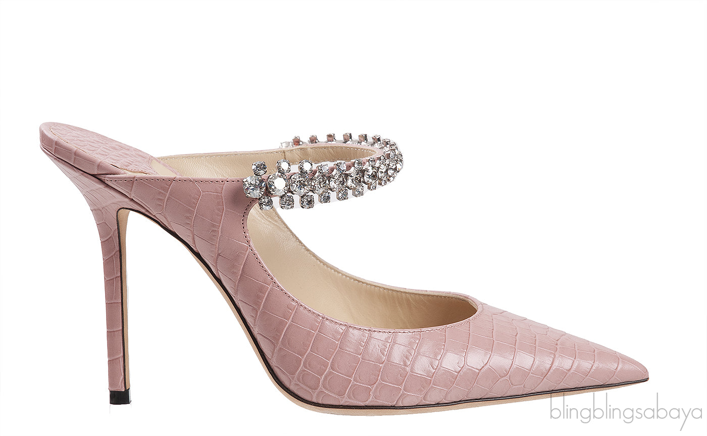 Pink Croc-effect Bing 100 Crystal-Embellished Leather Mules