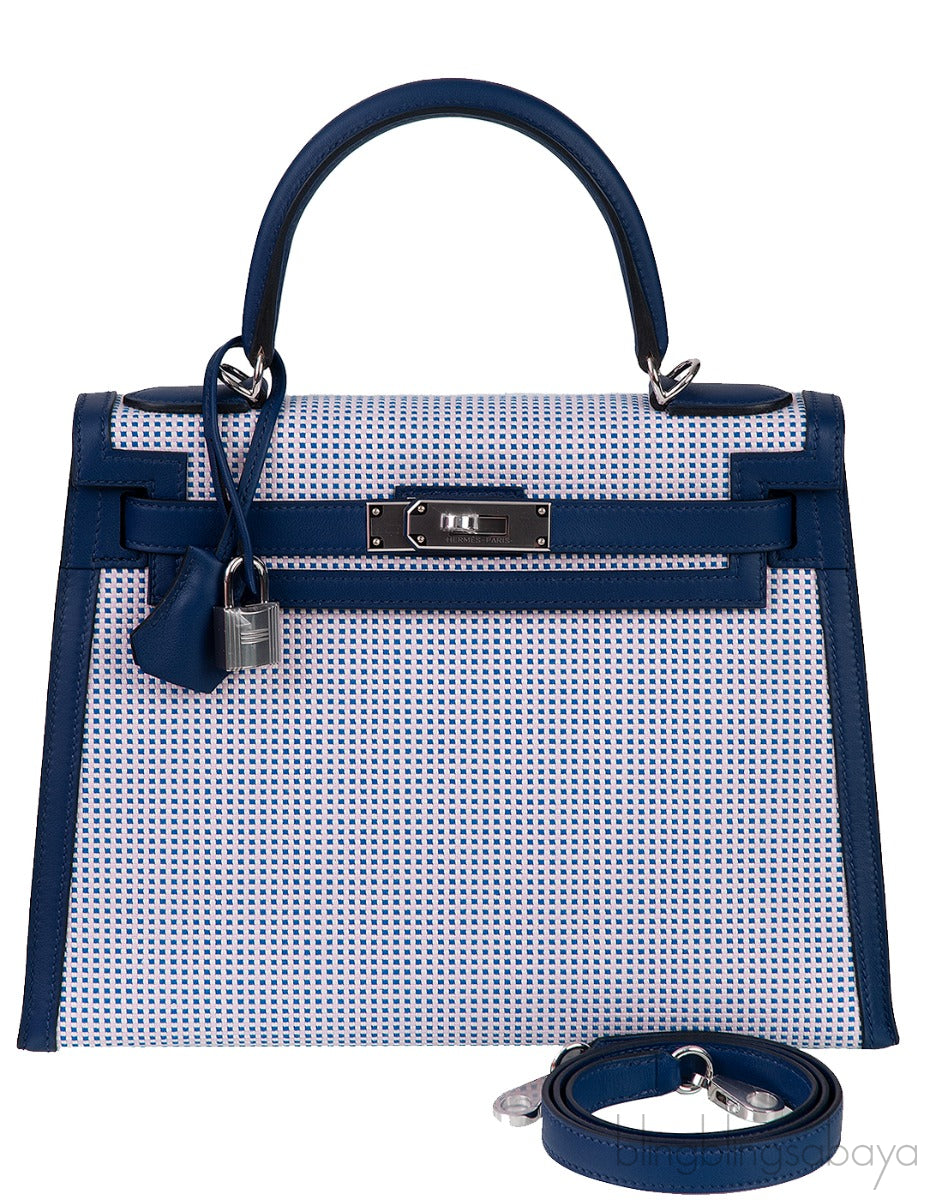 Kelly 28 Sellier Toile Quadrille Veau Swift Ecru-Mauve-Blue
